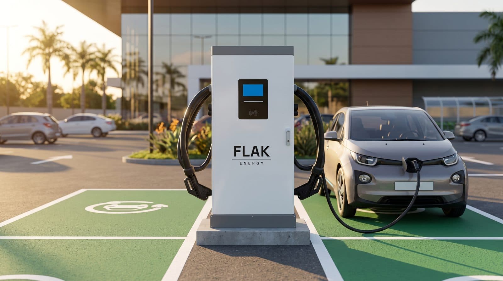 FLAK FAST 120 em estacionamento comercial, com carro elétrico carregando