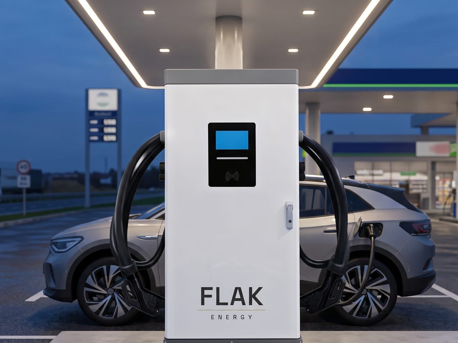 Eletroposto FLAK em posto de rodovia com carro elétrico carregando