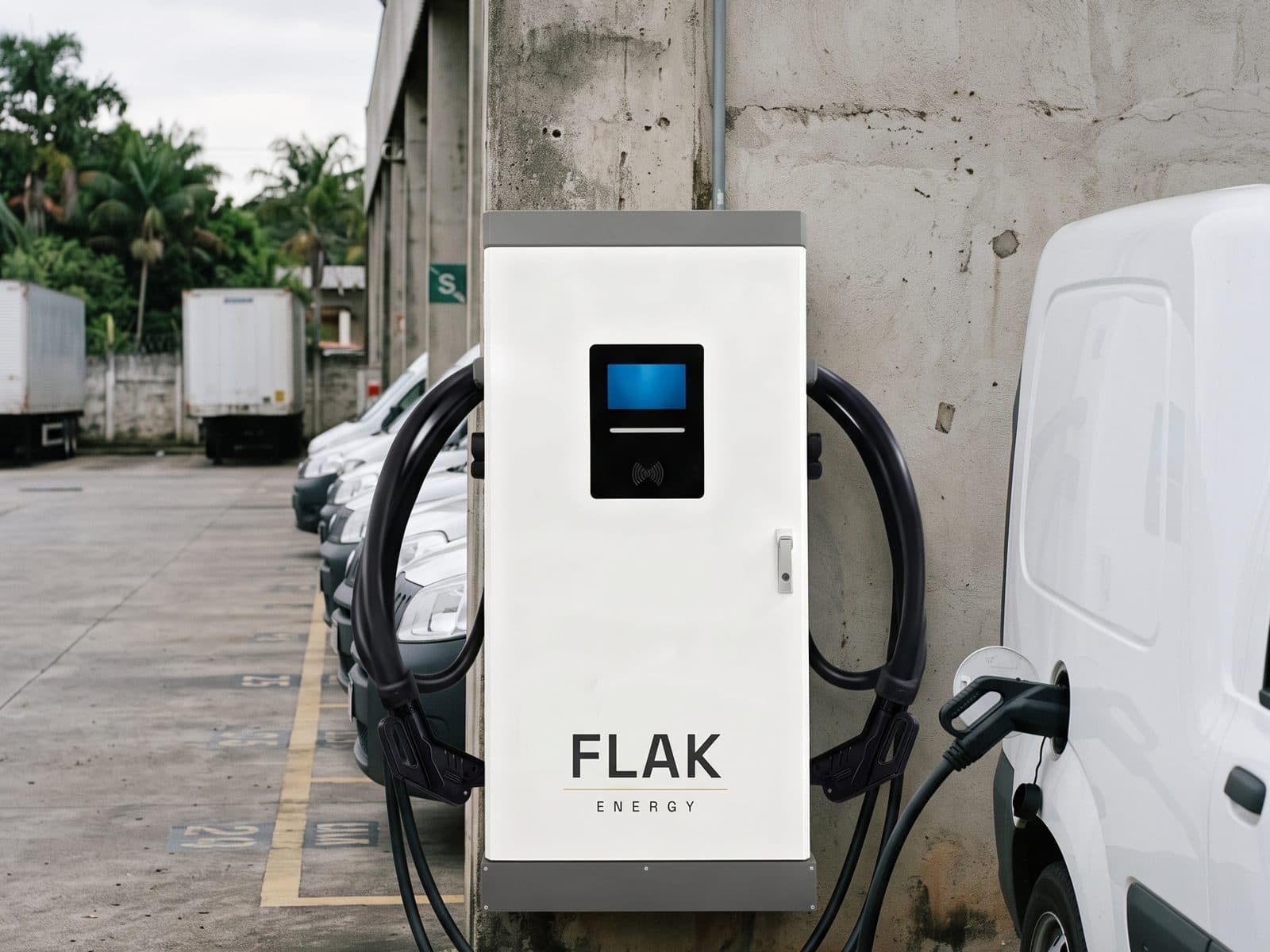 Pátio de frota com carregador FLAK e van elétrica