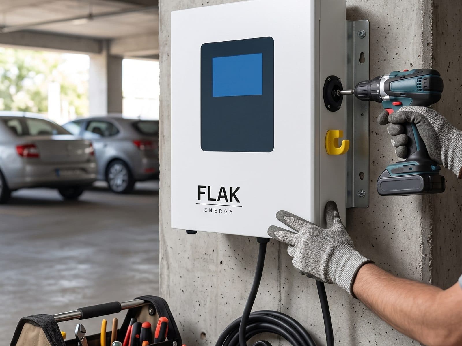 Técnico instalando um carregador FLAK na parede de uma garagem